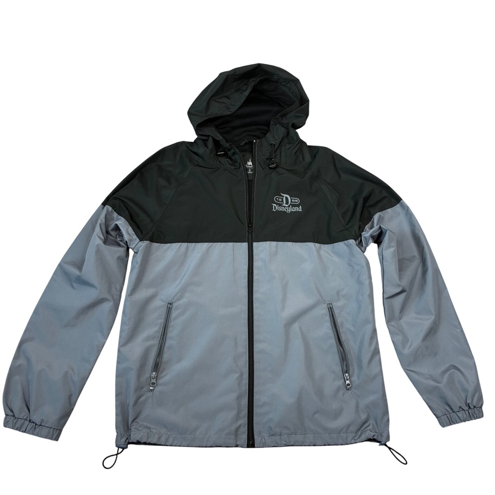 Disney Parks Windbreaker Mens Small Black Grey Disneyland 1955 Hooded Jacket
